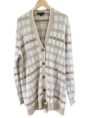 Ann Taylor Womens L Beige Pink Windowpane Plaid Cardigan Sweater V-Neck Button